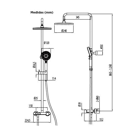 Columna de grifería para ducha termostático Stillo Hades cromo rociador mural 2 vías Ø250mm maneral de 3 funciones moleteado, con repisa