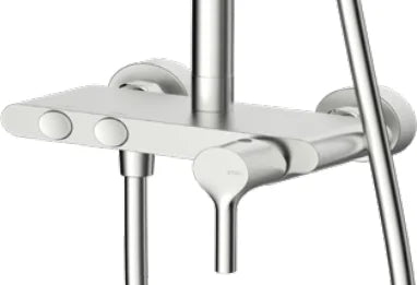 Columna de grifería para ducha monomando Stillo Hades apariencia acero inoxidable rociador mural 2 vías Ø250mm maneral de 3 funciones con repisa