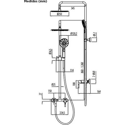 Columna de grifería para ducha monomando Stillo Hades apariencia acero inoxidable rociador mural 2 vías Ø250mm maneral de 3 funciones moleteado