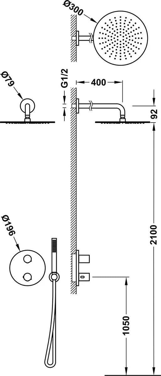 Columna de grifería para ducha empotrada termostático Tres Therm-Box negro mate rociador mural 2 vías Ø300mm