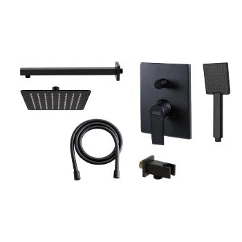 Kit de ducha monomando empotrado Stillo Kios acabado negro mate con rociador cuadrado de 200mm diseño moderno