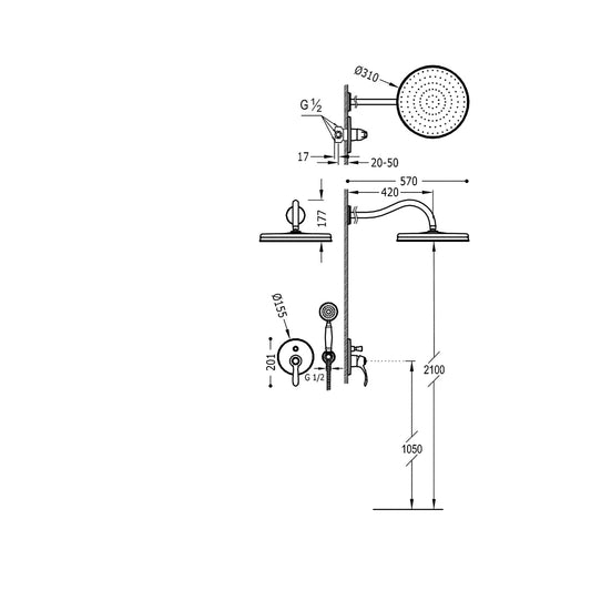 Columna de grifería para baño/ducha empotrada monomando Tres Tres-Clasic Exclusive acero rociador mural 2 vías Ø310mm