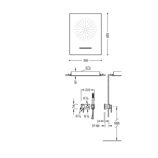 Columna de grifería para ducha empotrada monomando Tres Exclusive acero rociador techo 3 vías 500x650mm