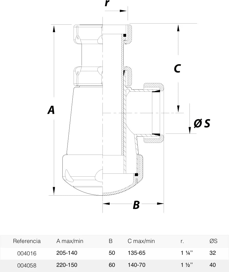 Sifón botella horizontal Jimten lavabo/bidet 1 1/4" blanco Ø32mm S-69