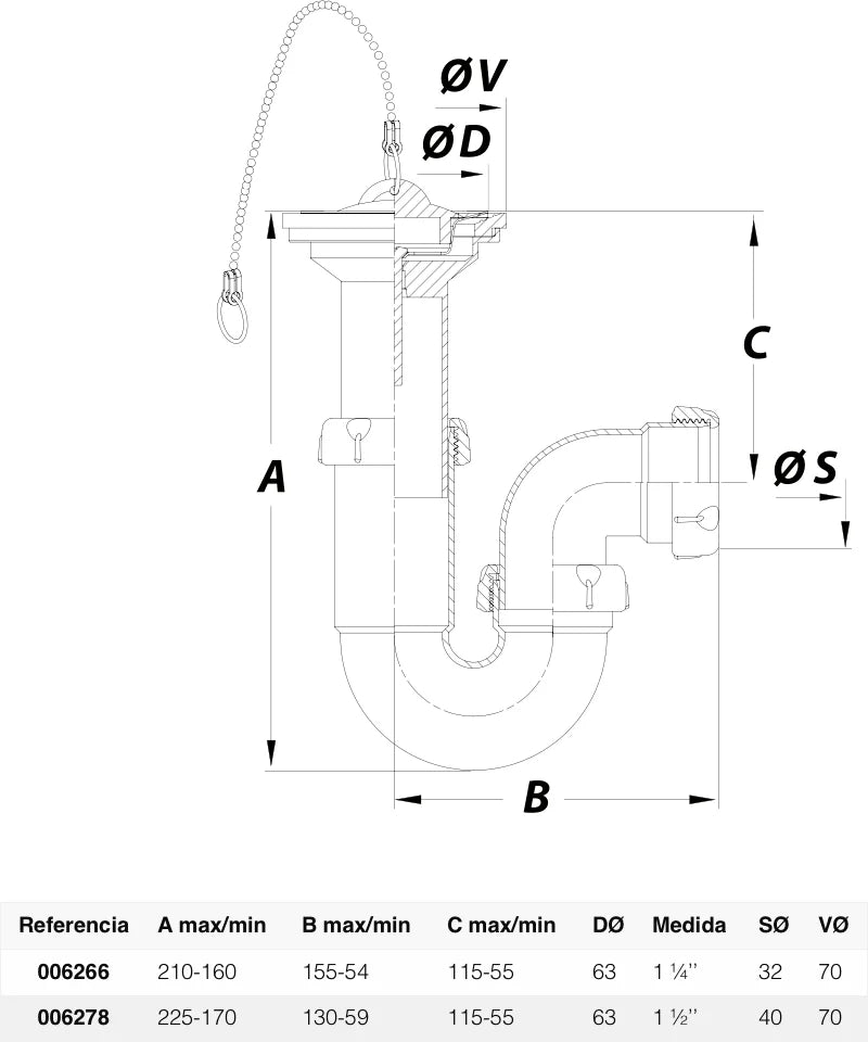 Sifón P horizontal Jimten lavabo/bidet 1 1/2" blanco Ø40mm con válvula desagüe S-90