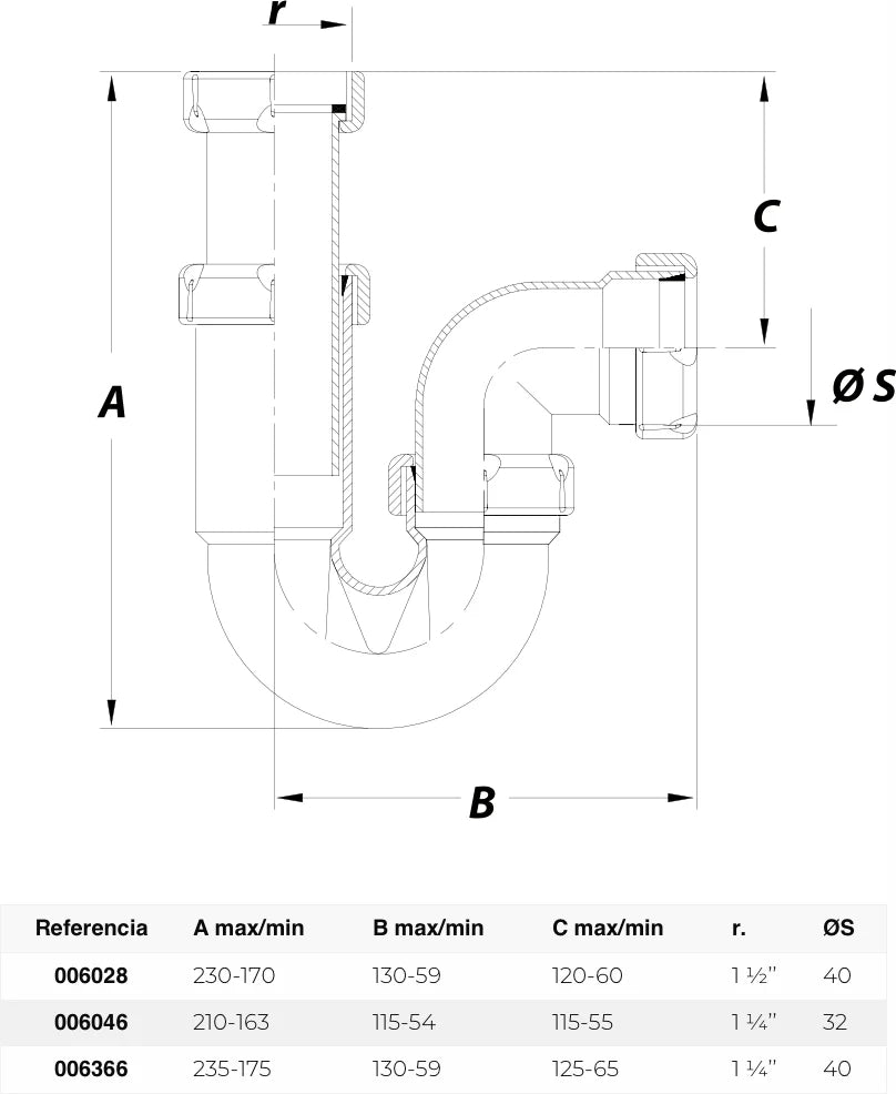 Sifón P horizontal Jimten lavabo/bidet 1 1/2" blanco Ø40mm S-31