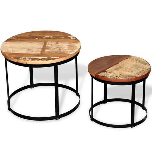 Mesa De Centro Redonda 2 Uds Madera Maciza Reciclada 40Cm/50Cm