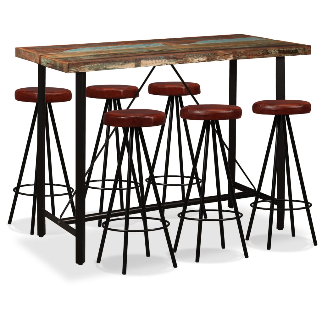 Set Muebles De Bar 5 Pzas Madera Maciza Reciclada Cuero Genuino