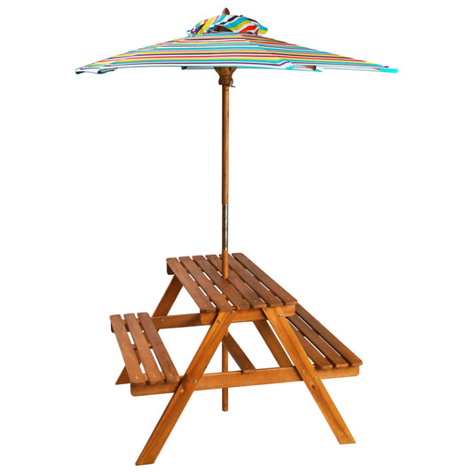 Mesa De Pícnic Infantil Y Sombrilla Acacia Maciza 79X90X60 Cm