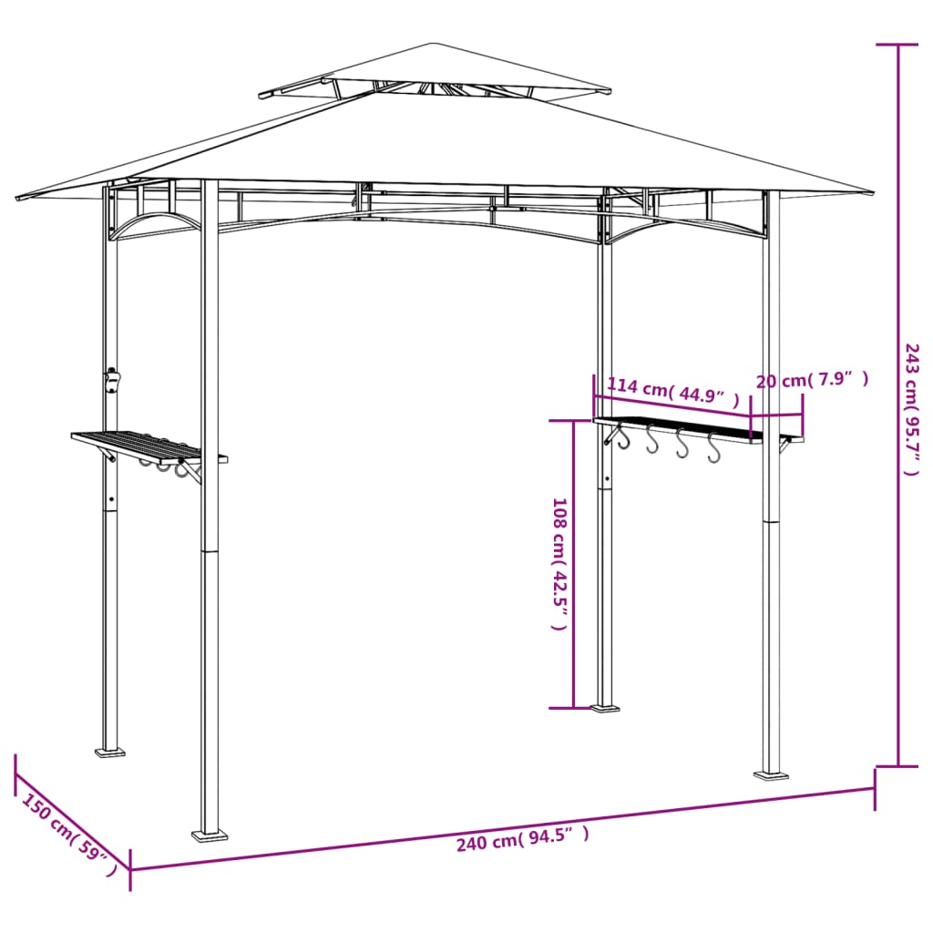 Cenador Barbacoa Estante Lateral Acero Antracita 240X150X243 Cm
