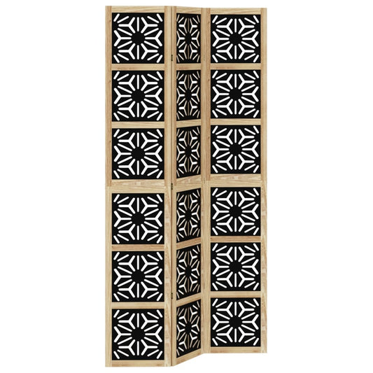 Biombo Separador 3 Paneles Madera Maciza Paulownia Marrón Negro