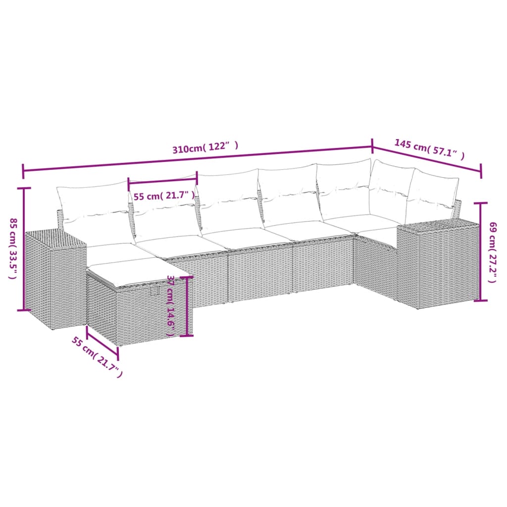 Set De Comedor De Jardín 7 Pzas Y Cojines Ratán Sintético Negro