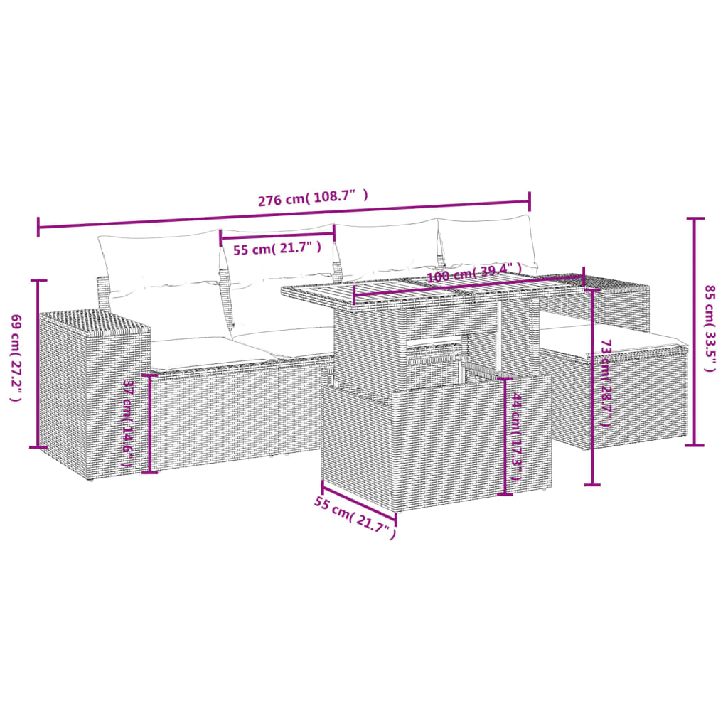 Set De Muebles De Jardín 6 Pzas Y Cojines Ratán Sintético