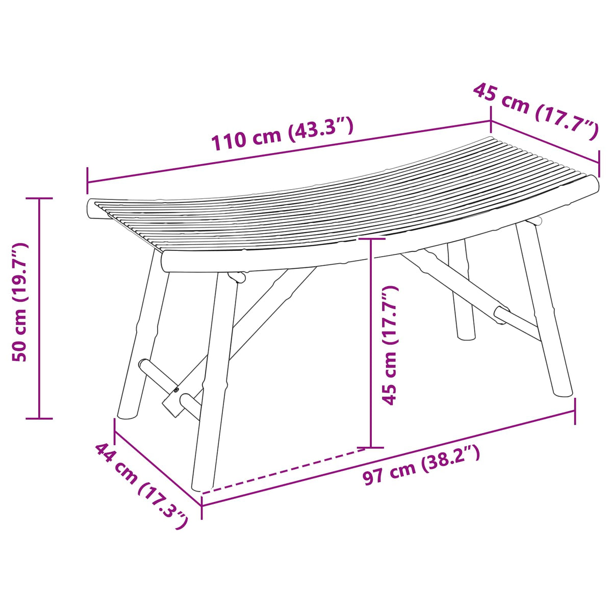 Banco De Jardín 110 X 45 X 50 Cm Bambú Natural Rectangular