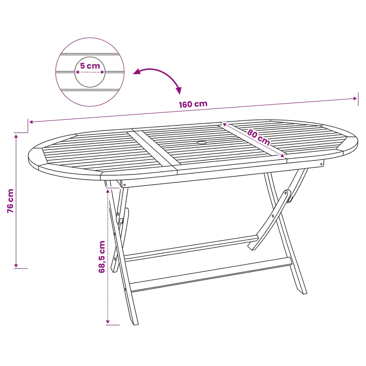 Mesa De Jardín Plegable Natural 160 X 80 X 76 Cm