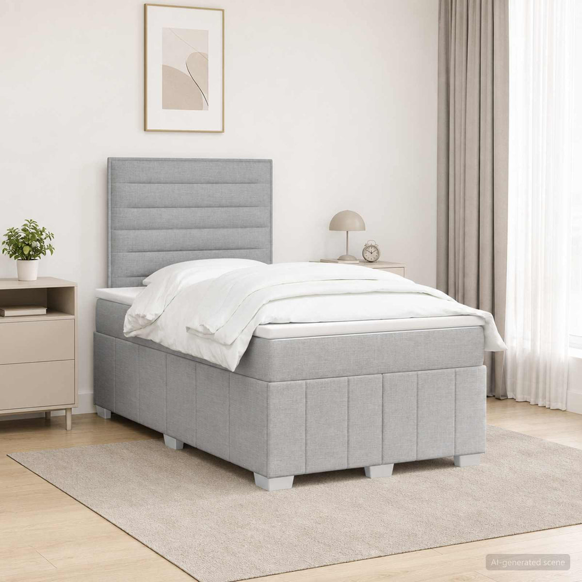 Cama Box Spring Con Colchón Tela Gris Taupe