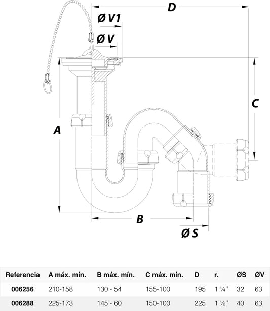 Sifón S lateral Jimten lavabo/bidet 1 1/2" blanco Ø63mm con válvula desagüe S-89