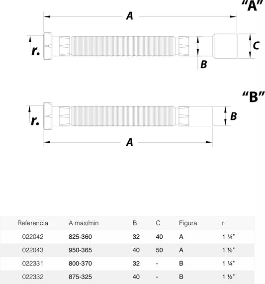Sifón flexible horizontal Jimten universal 1 1/4" blanco Ø40mm A-103