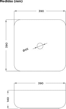Lavabo cuadrado Stillo Baco 390x390mm sobre encimera blanco brillo sin orificios