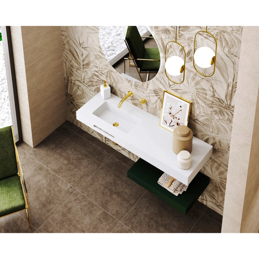 Lavabo rectangular Stillo Spring 1200x460mm encimera/mural blanco mate con faldón seno izquierda