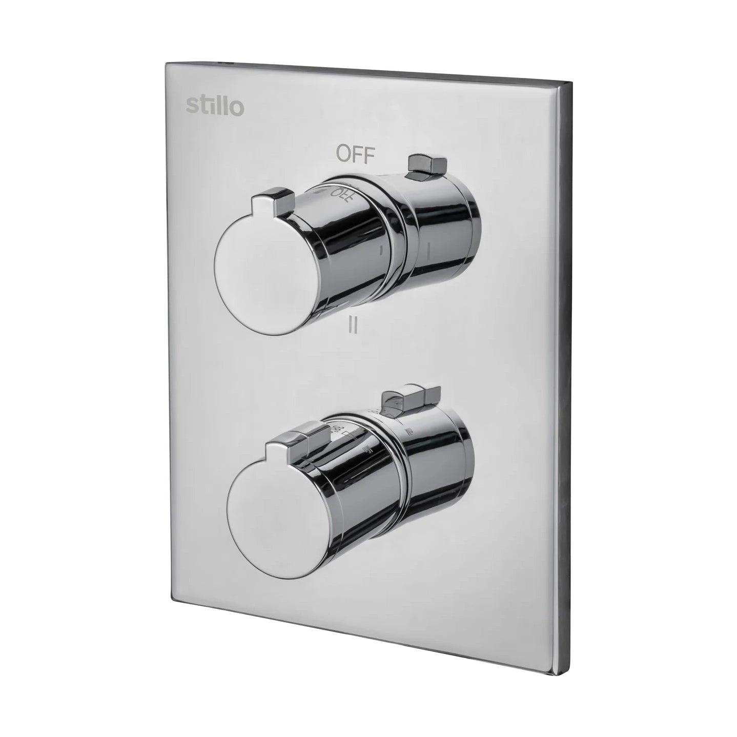 Mandos exteriores cromados para ducha termostática empotrada Stillo Box con desviador de 3 funciones y placa redonda minimalista.