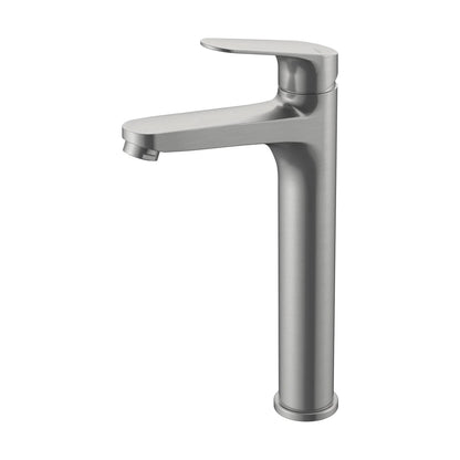 Grifo de lavabo extra alto Stillo Zeus apariencia acero inoxidable con ahorro de energía Cold Open sobre encimera