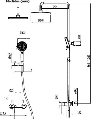 Columna de grifería para ducha termostático Stillo Hades negro rociador mural 2 vías Ø250mm maneral de 3 funciones moleteado, con repisa