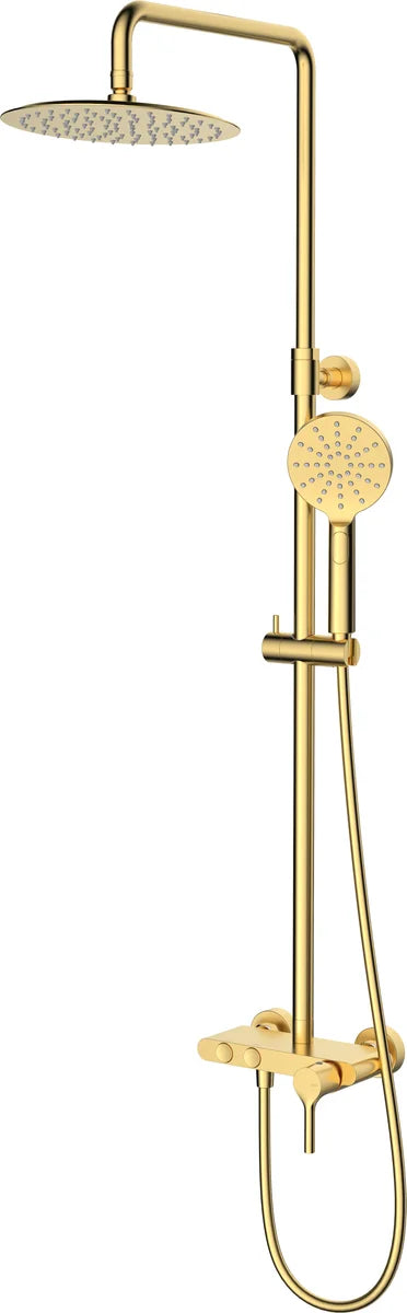 Columna de grifería para ducha monomando Stillo Hades oro rociador mural 2 vías Ø250mm maneral de 3 funciones con repisa
