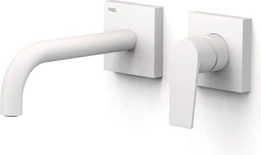 Parte exterior grifería empotrada mezclador lavabo mural Tres Project-Tres 21130021BM 2 agujeros 1 vía blanco mate caño 180mm