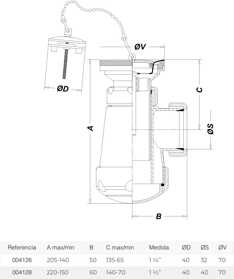Sifón botella horizontal Jimten lavabo/bidet 1 1/4" cromo Ø32mm S-205