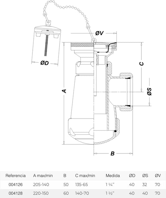 Sifón botella horizontal Jimten lavabo/bidet 1 1/4" cromo Ø32mm S-205