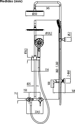 Columna de grifería para ducha monomando Stillo Hades apariencia acero inoxidable rociador mural 2 vías Ø250mm maneral de 3 funciones con repisa