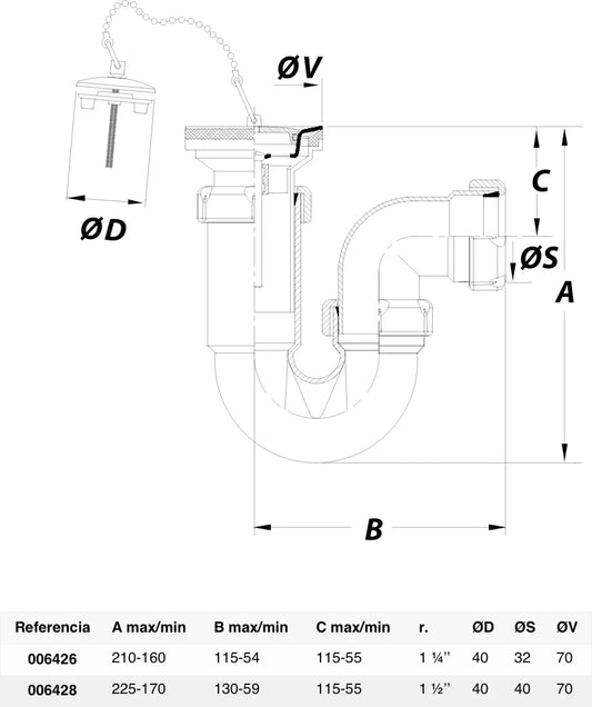 Sifón P horizontal Jimten lavabo 1 1/2" cromo Ø70mm con válvula desagüe S-206