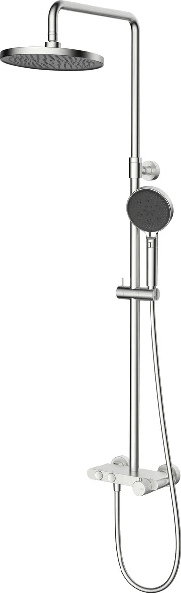 Columna de grifería para ducha termostático Stillo Hades apariencia acero inoxidable rociador mural 2 vías Ø250mm maneral de 3 funciones moleteado, con repisa