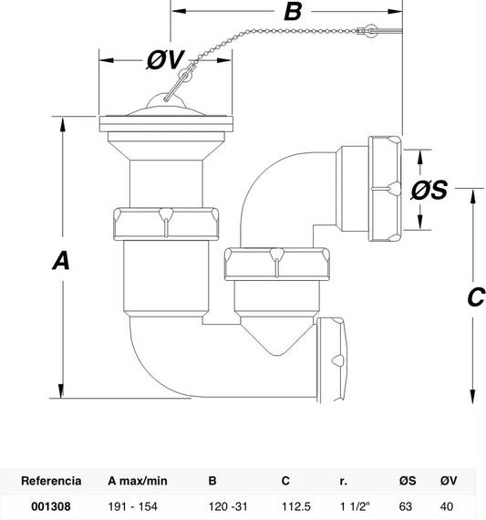 Sifón P horizontal Jimten lavabo/bidet 1 1/2" blanco Ø63mm con válvula desagüe S-154