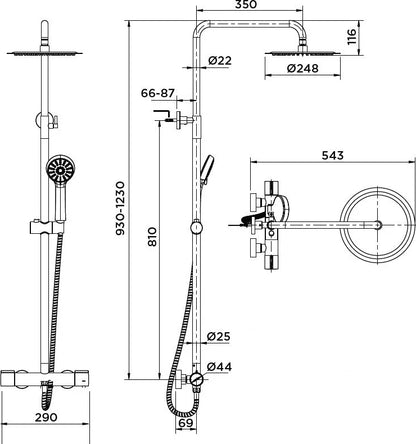 Columna de grifería para ducha termostático Stillo Hera cromo rociador mural 2 vías Ø248mm maneral de 3 funciones