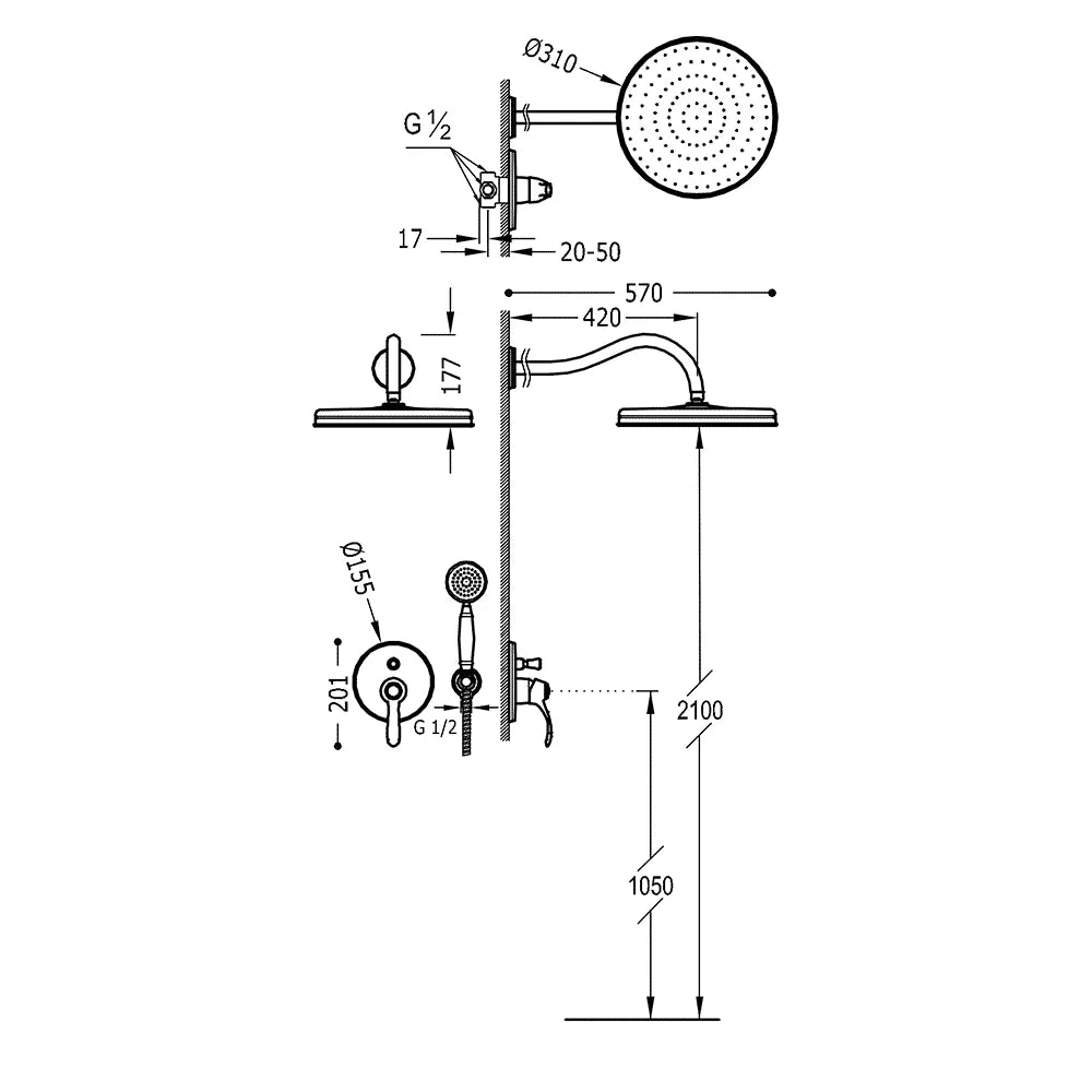 Columna de grifería para baño/ducha empotrada monomando Tres Tres-Clasic Exclusive acero rociador mural 2 vías Ø310mm