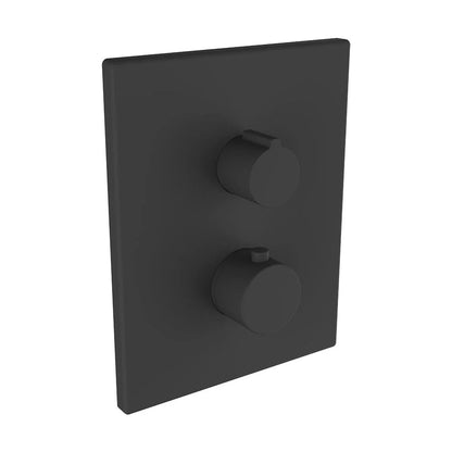 Parte externa de grifería empotrada termostática Stillo Box en color negro mate con placa redonda y selector de 2 vías.