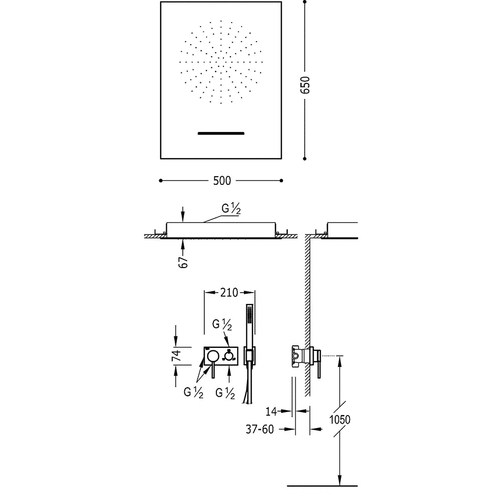 Columna de grifería para ducha empotrada monomando Tres Exclusive acero rociador techo 3 vías 500x650mm