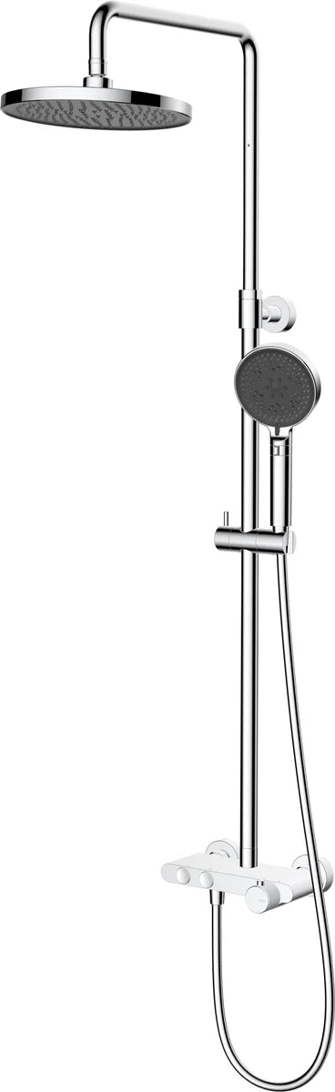 Columna de grifería para ducha termostático Stillo Hades cromo rociador mural 2 vías Ø250mm maneral de 3 funciones moleteado, con repisa
