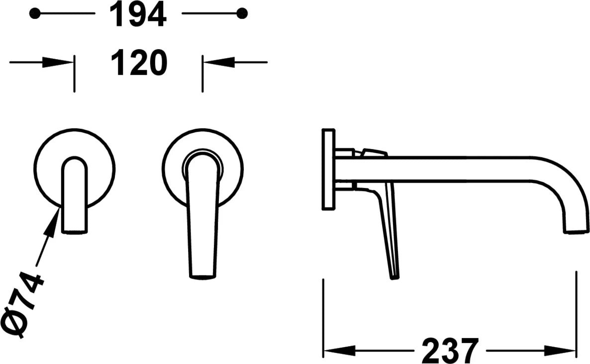 Parte exterior grifería empotrada mezclador lavabo mural Tres Fuji 28130022 2 agujeros 1 vía cromo caño 237mm