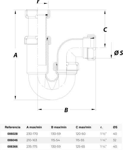 Sifón P horizontal Jimten lavabo/bidet 1 1/2" blanco Ø40mm S-31