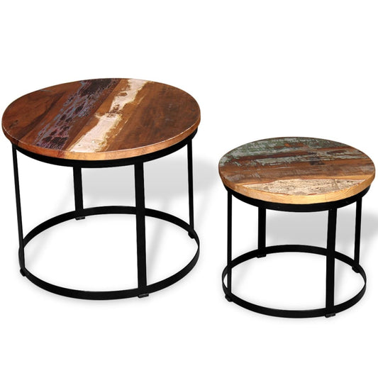 Mesa De Centro Redonda 2 Uds Madera Maciza Reciclada 40Cm/50Cm