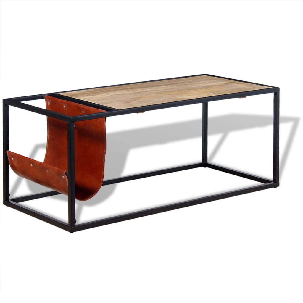 Mesa De Centro Con Revistero De Cuero Auténtico 110X50X45 Cm