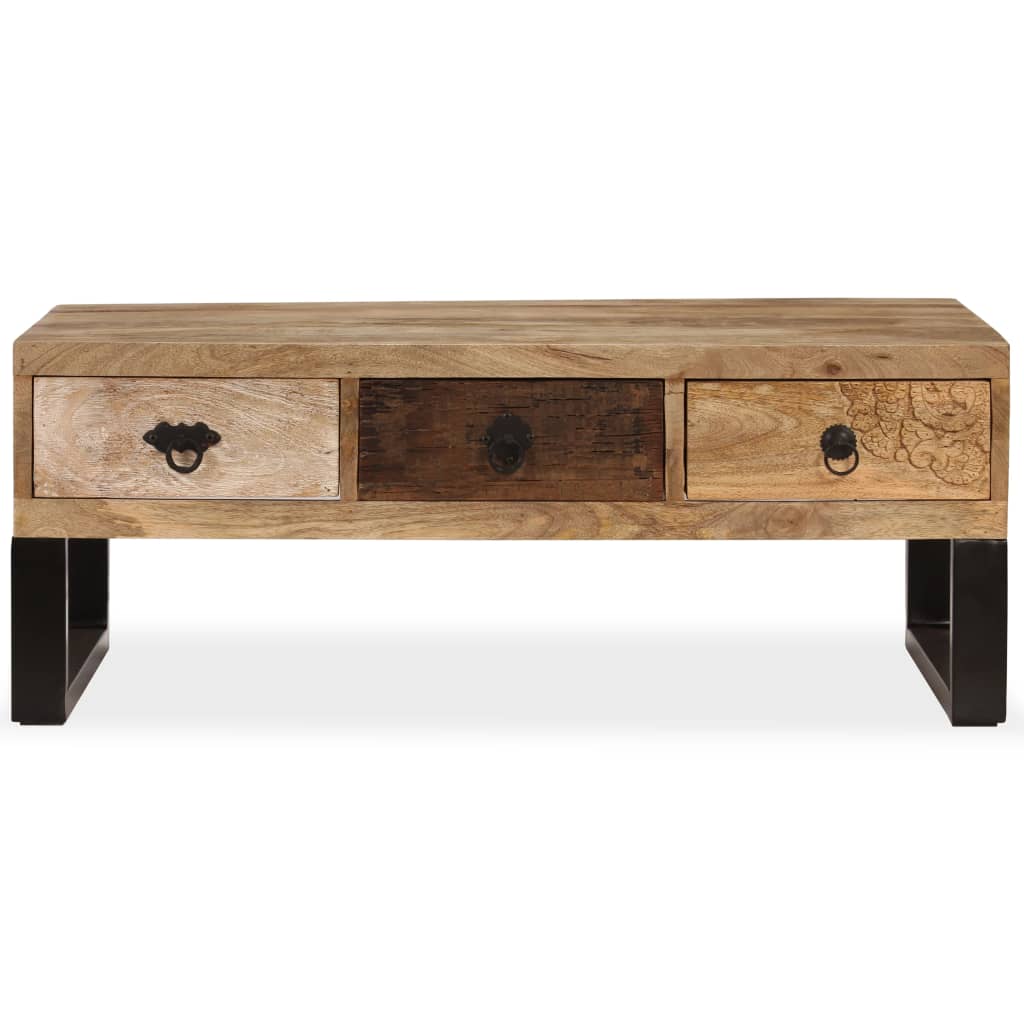 Mesa De Centro Con 3 Cajones Madera Maciza De Mango 90X50X35 Cm