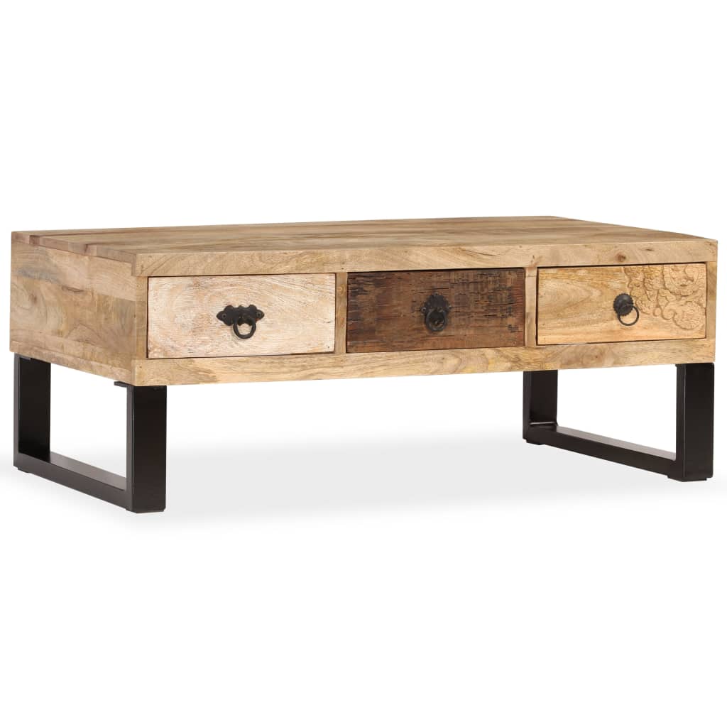 Mesa De Centro Con 3 Cajones Madera Maciza De Mango 90X50X35 Cm