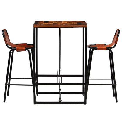Set Muebles Bar 3 Pzas Madera Reciclada Cuero Cabra Auténtico