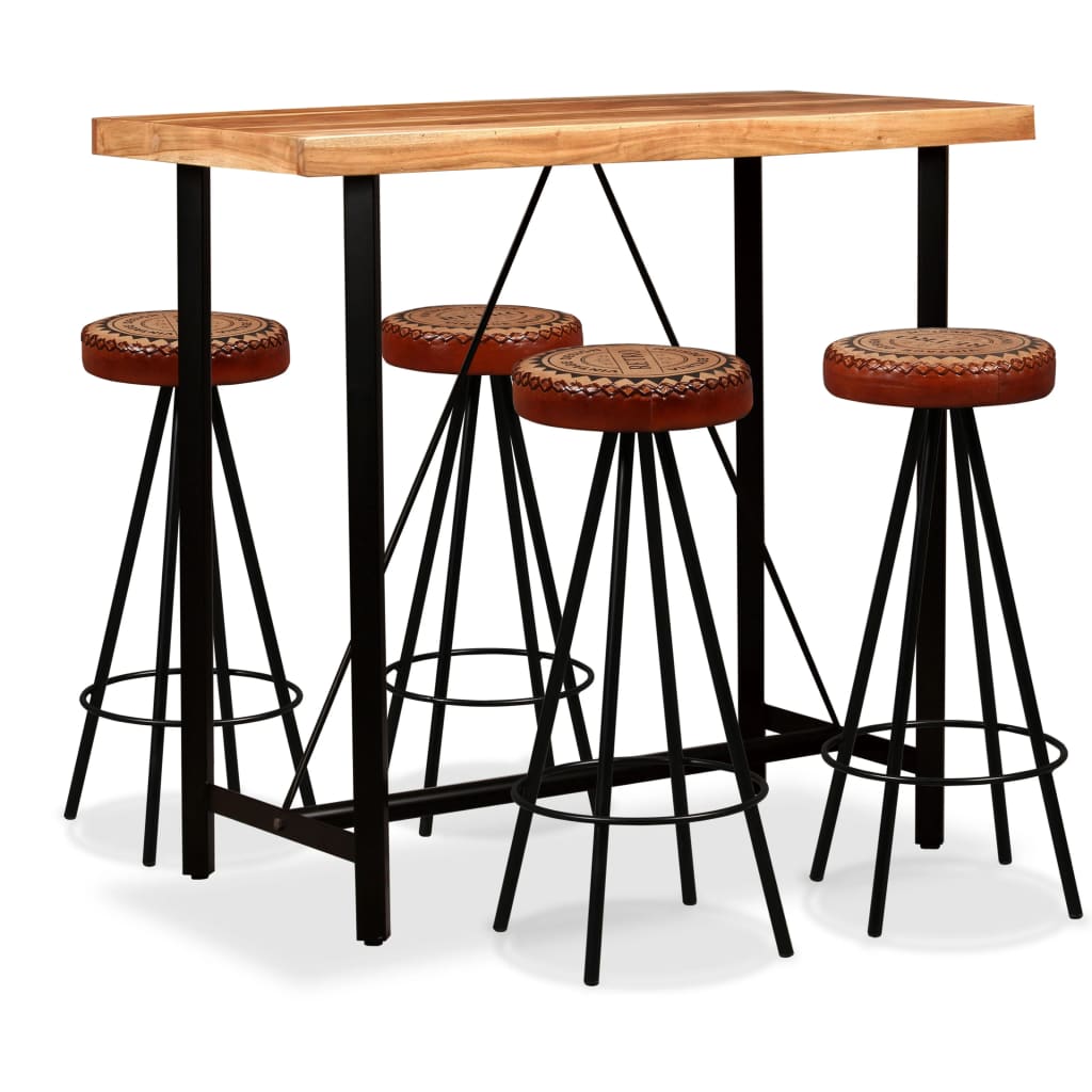 Mesa Y Taburetes Bar Madera Maciza Acacia Cuero Real Y Lona