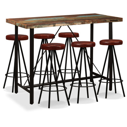 Set Muebles De Bar 5 Pzas Madera Maciza Reciclada Cuero Genuino