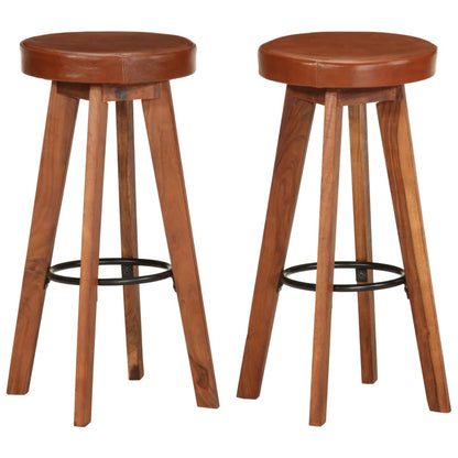 Taburetes De Cocina 2 Uds Cuero Auténtico Madera Maciza Acacia